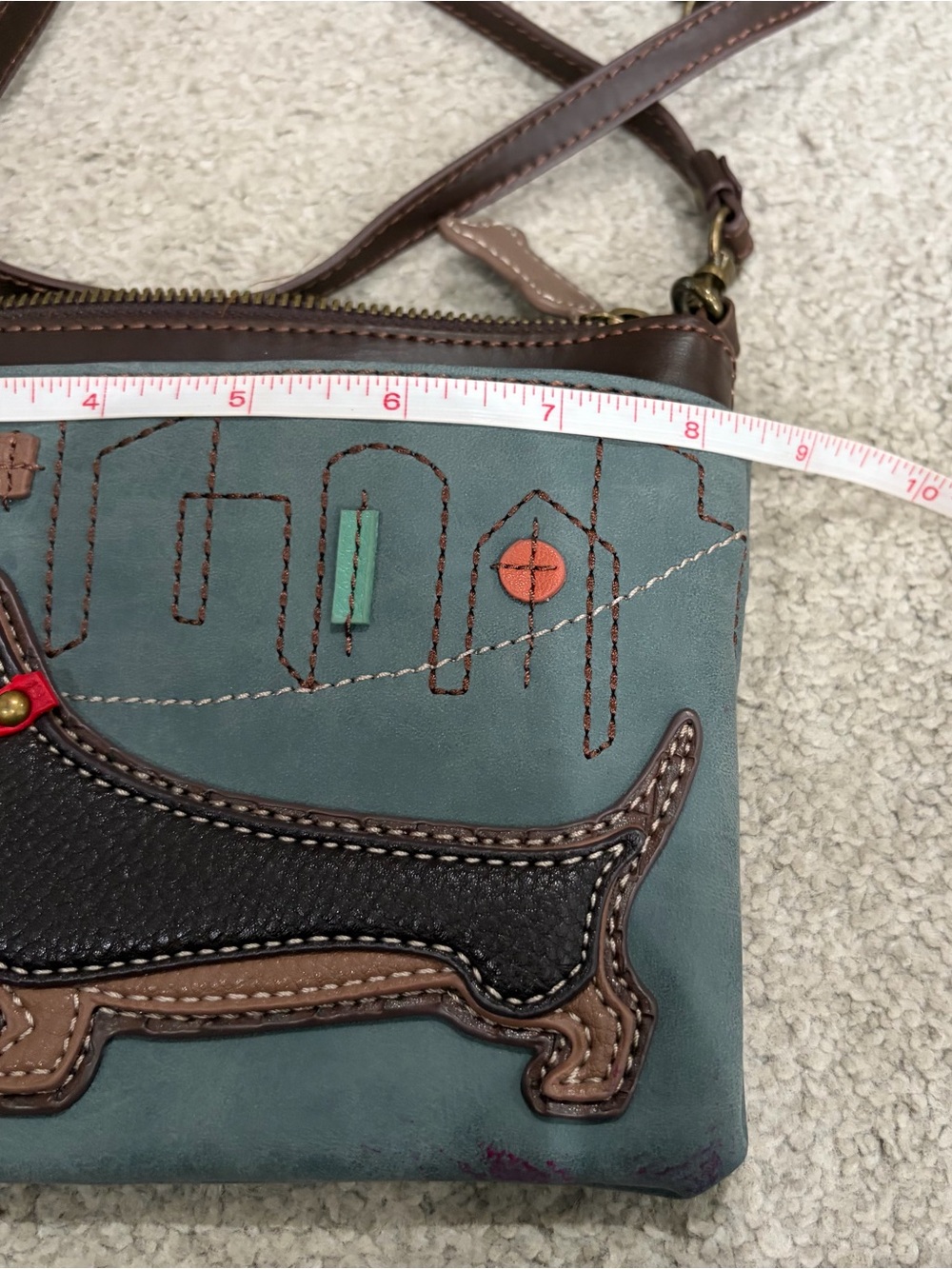 NWOT Chala Dachshund Wiener Dog Bag in Indigo & Brown, 2 Adjustable Straps - Picture 7 of 12